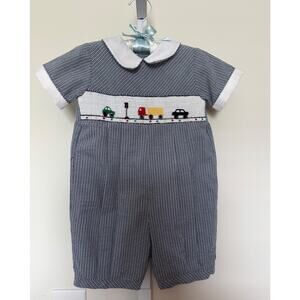 Vintage Carriage Boutiques Smocked Gingham Romper w/ Trucks, Cars Size 18 Months